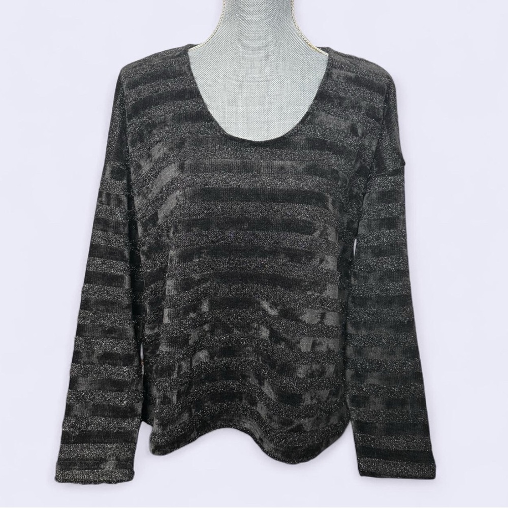 Sadie‎ & Sage Black Sparkle Striped Fuzzy Chenille Sweater Med Glam Chic Shimmer